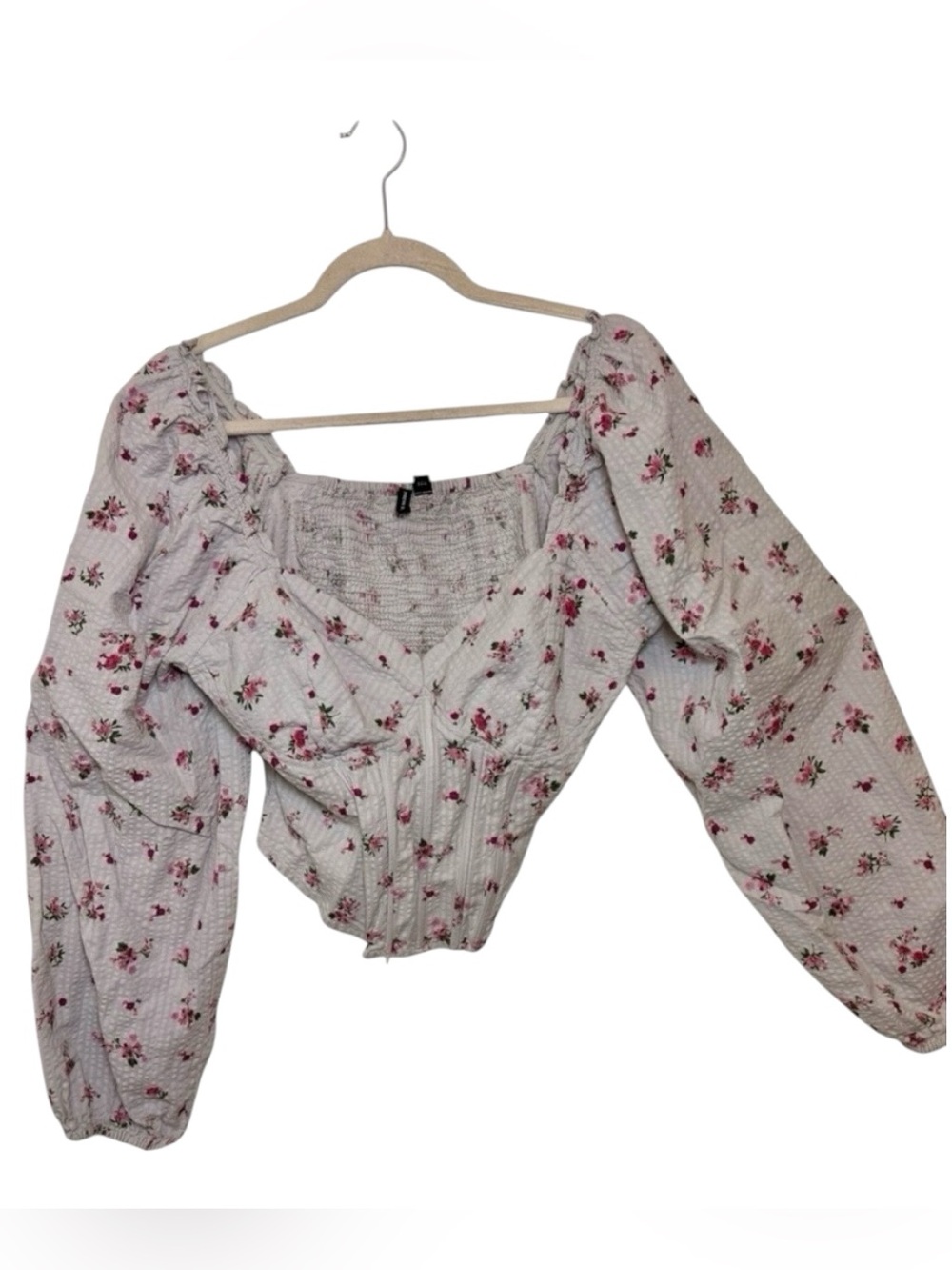 Vero Moda Light Gray Floral Smocked Puff Sleeve Peplum Top Romantic Large